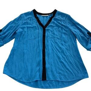 Sejour Top Womens 14W Blue Black Pocket Front Roll Tab Sleeve Blouse